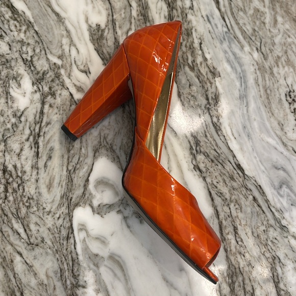 ENZO ANGIOLINI Open Toe Patin Leather Pump/Diamond Pattern/Tangerine - Picture 8 of 12